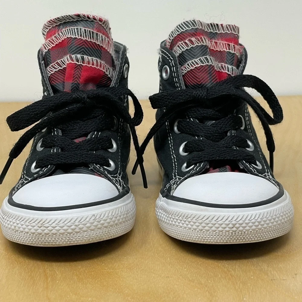 Converse * Ruffled Tongue Black/Buffalo Plaid Chuck Taylor High Top Sneakers